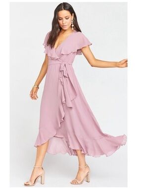 Show Me Your MuMu Jess Ruffle Wrap Midi Dress in Antique Rose Chiffon